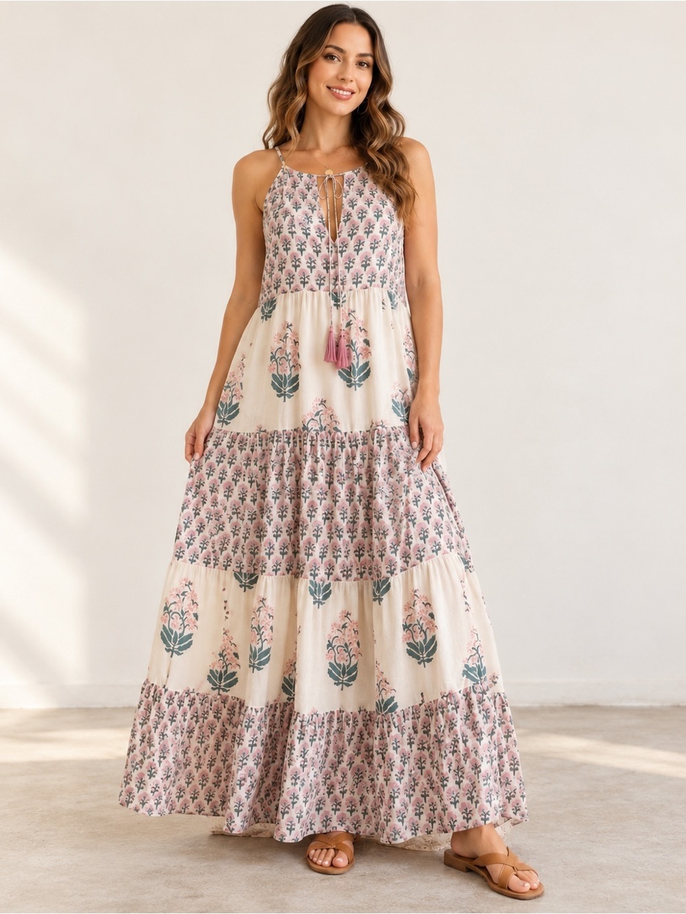 Oliphant XS Floral Block Print Cotton Tiered Maxi Dress Tassel Resort Boho